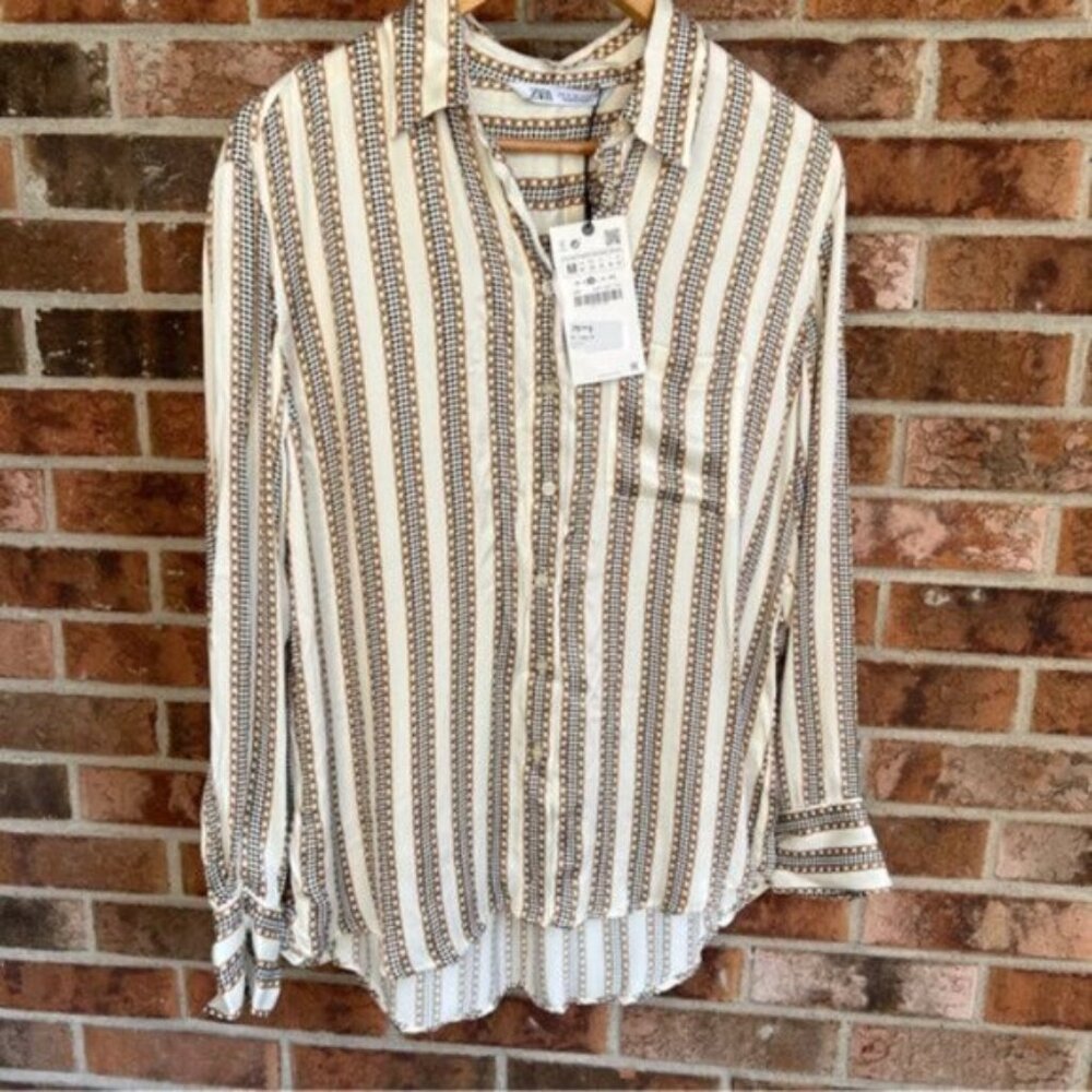 Zara   NEW Ivory Chain Houndstooth Striped Print Satin Button Down Top Blouse